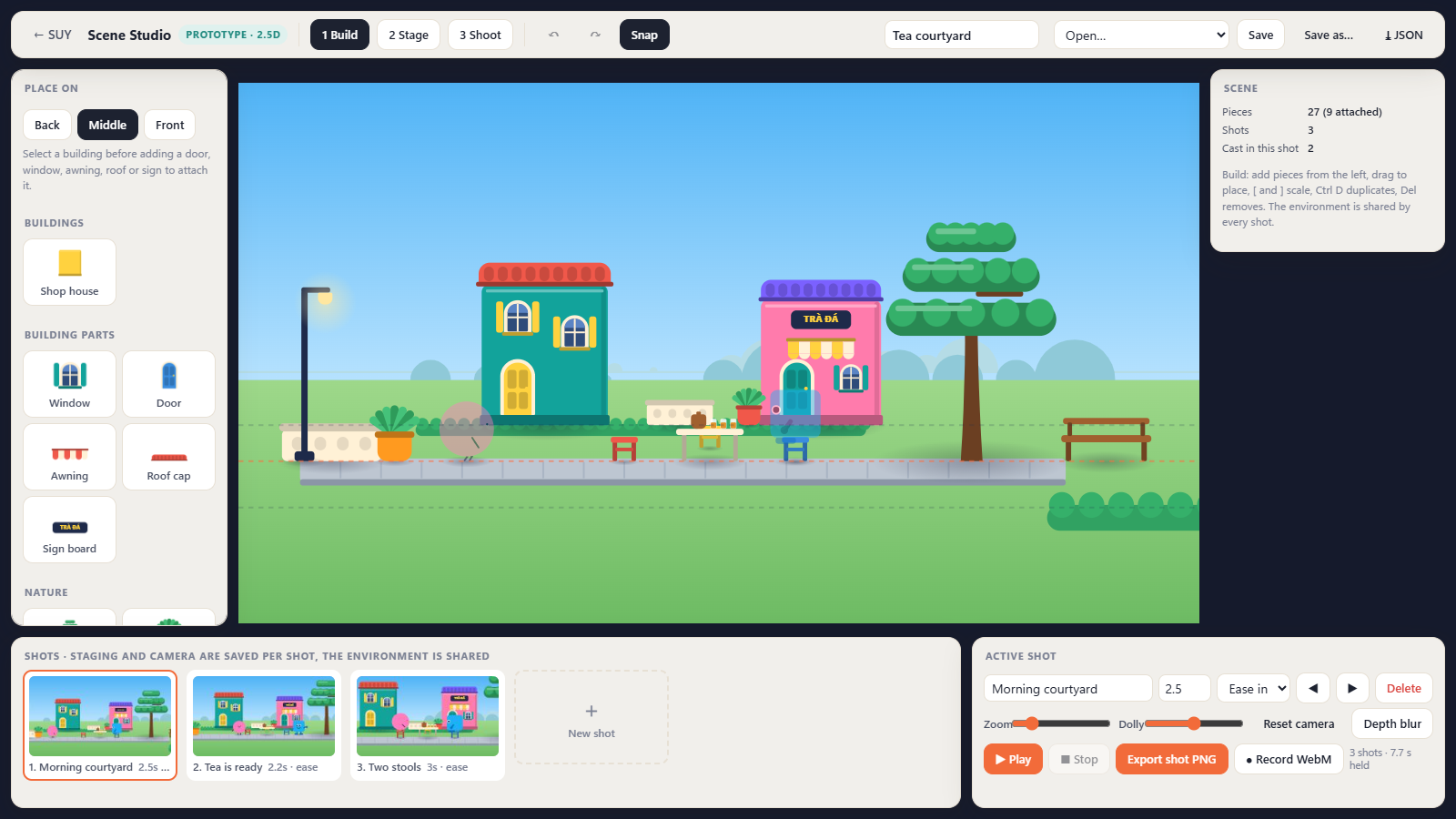 Actual Scene Studio prototype showing asset palette, courtyard canvas and property controls